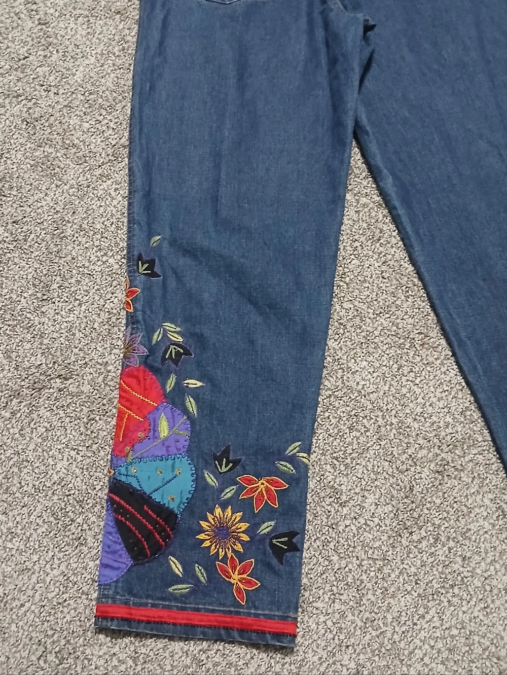 Chico's 100% Cotton Embroidered Wide Leg Denim Jeans - Multicolor Floral Detail - Picture 15 of 16